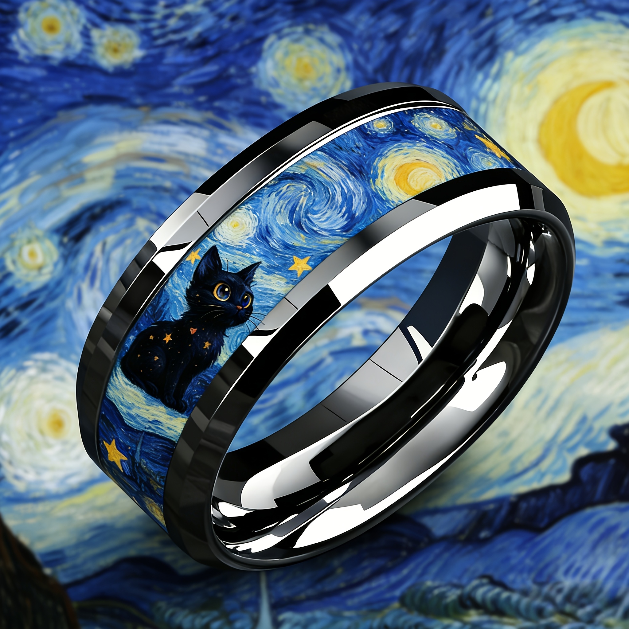 Van Gogh Starry Night Black Cat Titanium Steel Ring, Artistic Design